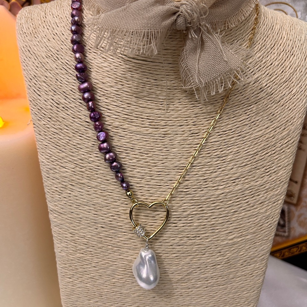 New 14K GOLD FILLED PAPERCLIP & FRESHWATER PEARLS & HEART CARABINER NECKLACE